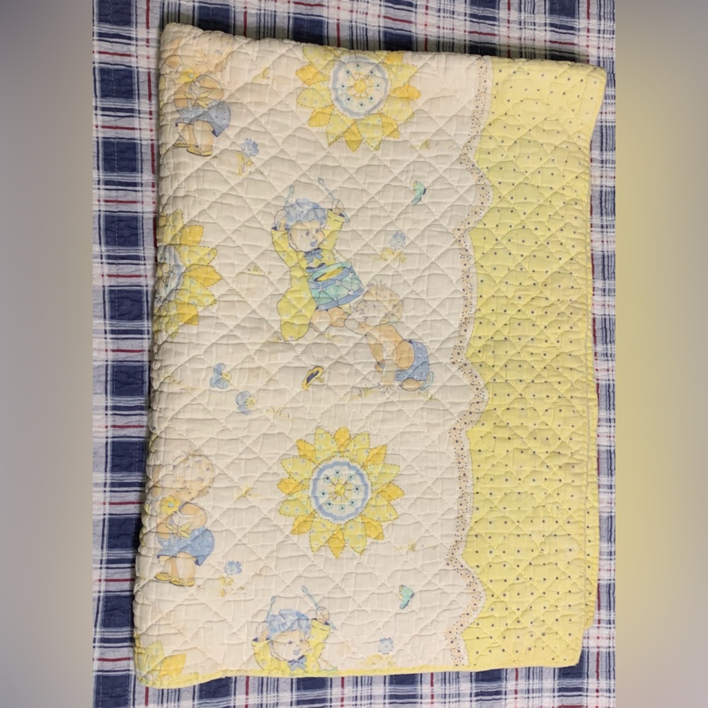 Vintage Baby Blanket Quilted Drummer Boy Sunshine Yellow Blue MCM